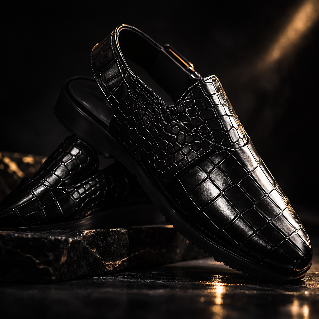 BLACK VIPER – Croc-Embossed Peshawari Chappal