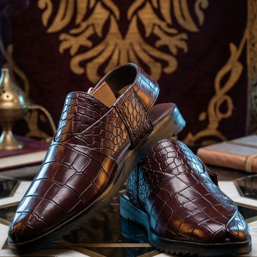 BROWN VIPER – Croc-Embossed Peshawari Chappal