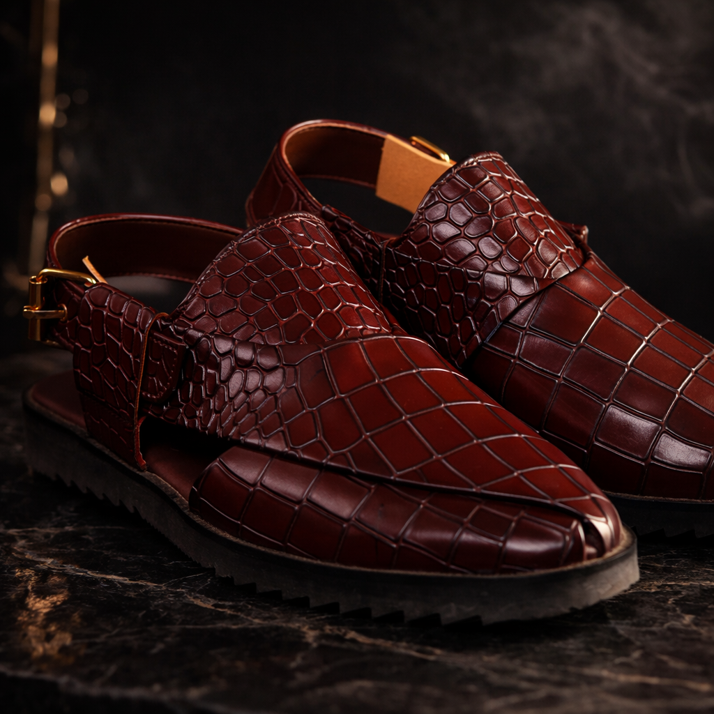 BROWN VIPER – Croc-Embossed Peshawari Chappal