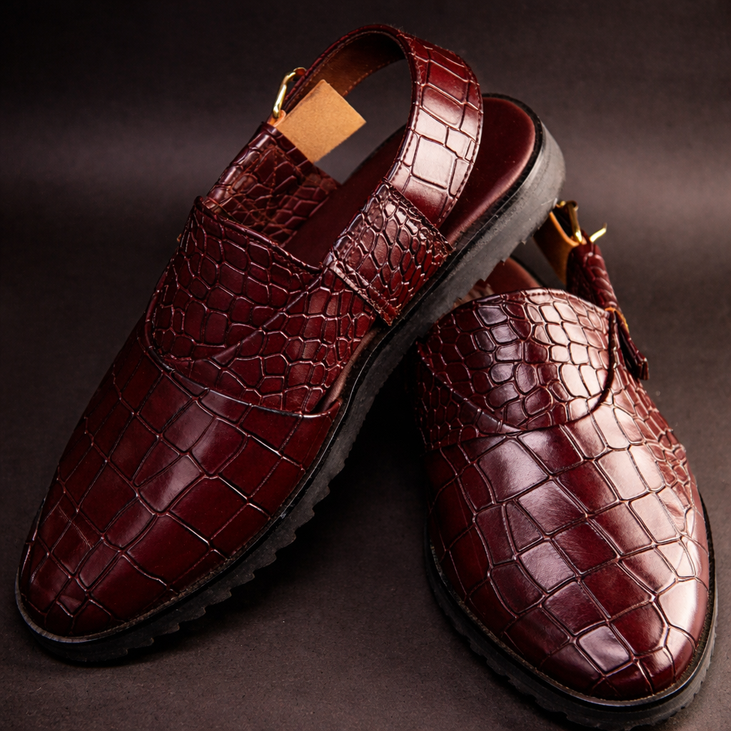 BROWN VIPER – Croc-Embossed Peshawari Chappal
